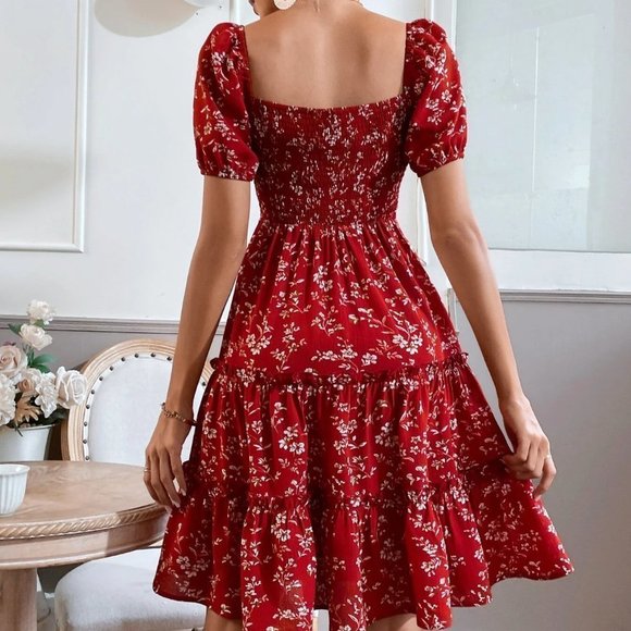 boho  Floral Print Puff Sleeve Shirred Layered Hem Dress red - Picture 4 of 5